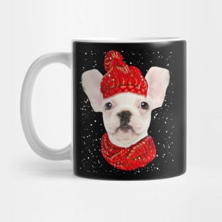 White French Bulldog Wearing Red Hat And Scarf Christmas Mug